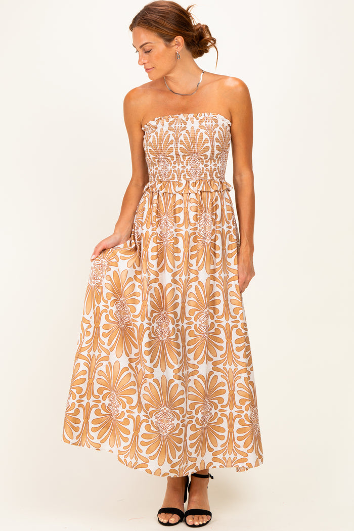 Camel Damask Print Strapless Smocked Maternity Midi Dress