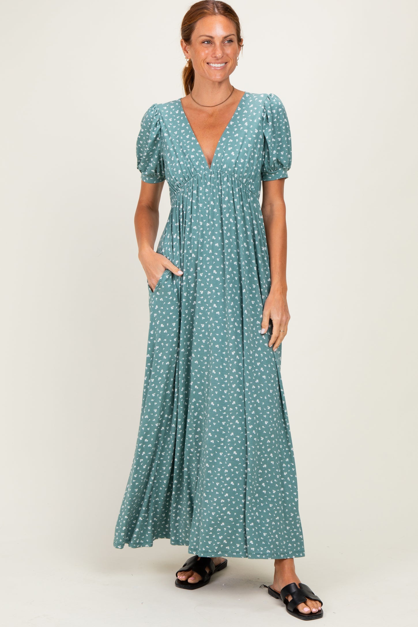 Light Olive Floral V-Neck Short Sleeve Maternity Maxi Dress