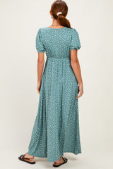 Light Olive Floral V-Neck Short Sleeve Maxi Dress