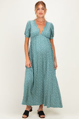 Light Olive Floral V-Neck Short Sleeve Maternity Maxi Dress
