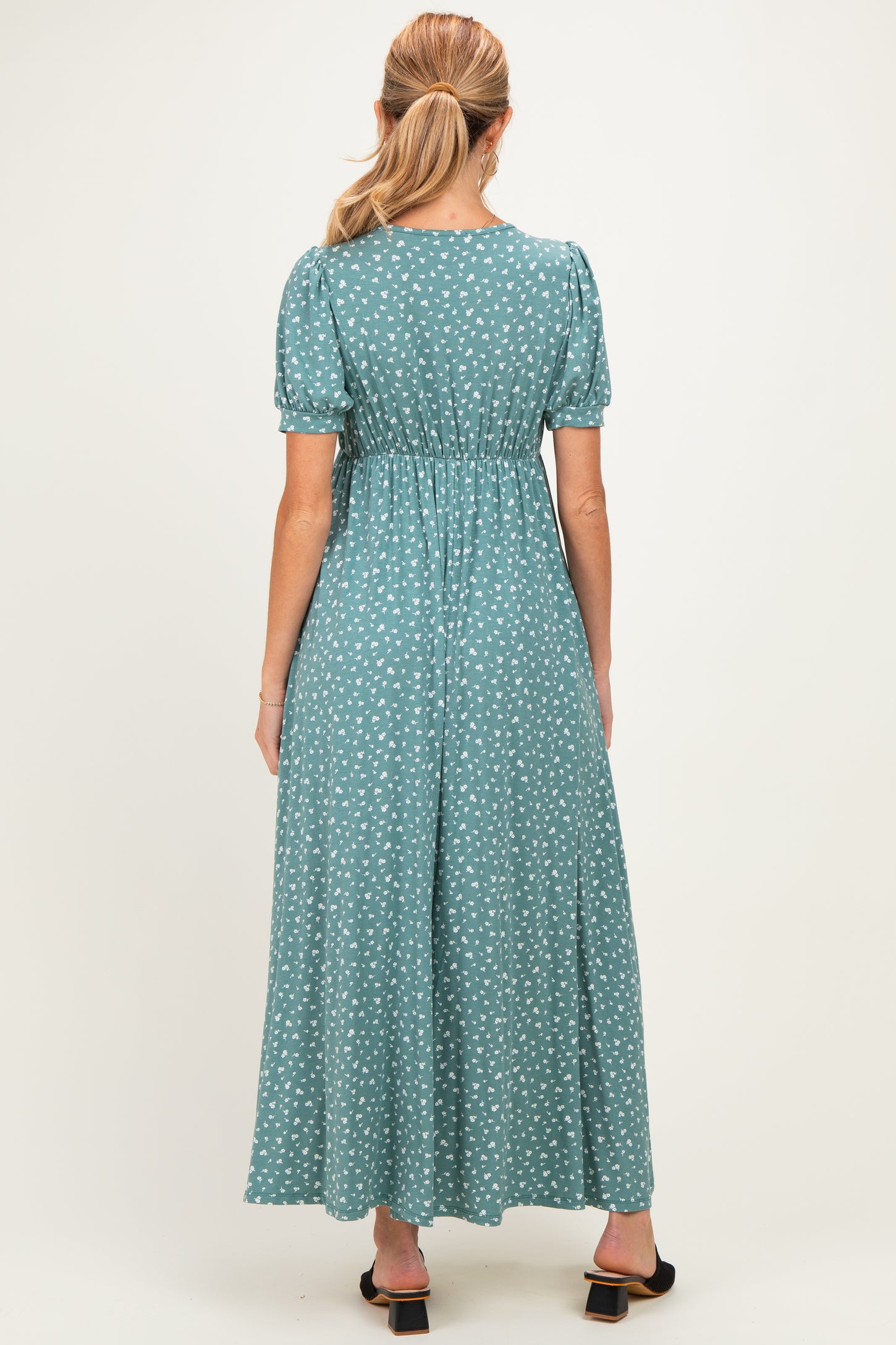 Light Olive Floral V-Neck Short Sleeve Maternity Maxi Dress