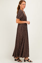 Brown Floral V-Neck Short Sleeve Maxi Dress