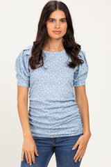 Light Blue Floral Short Sleeve Ribbed Maternity Top