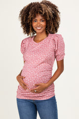 Mauve Floral Short Sleeve Ribbed Maternity Top