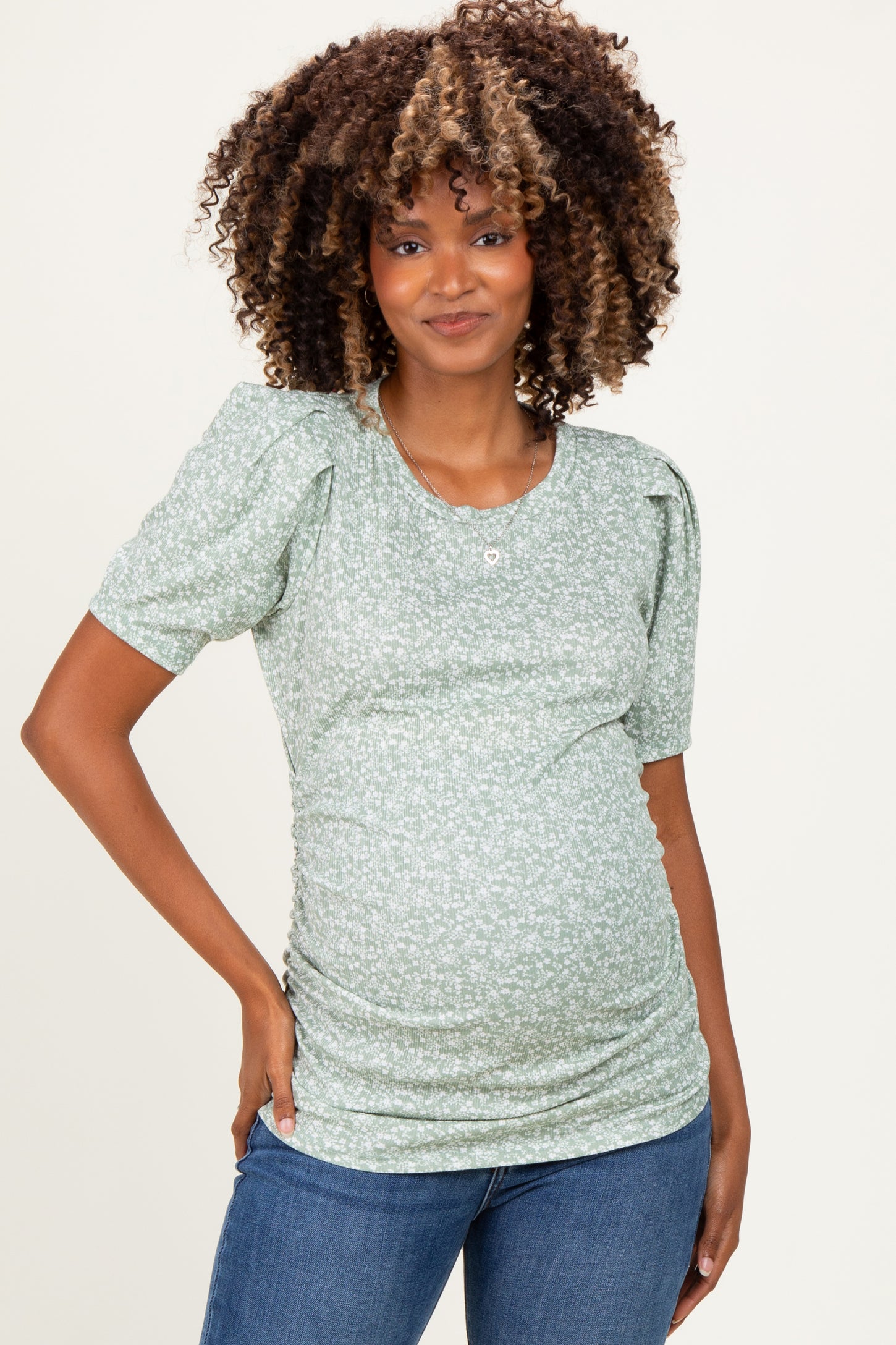 Sage Floral Short Sleeve Ribbed Maternity Top