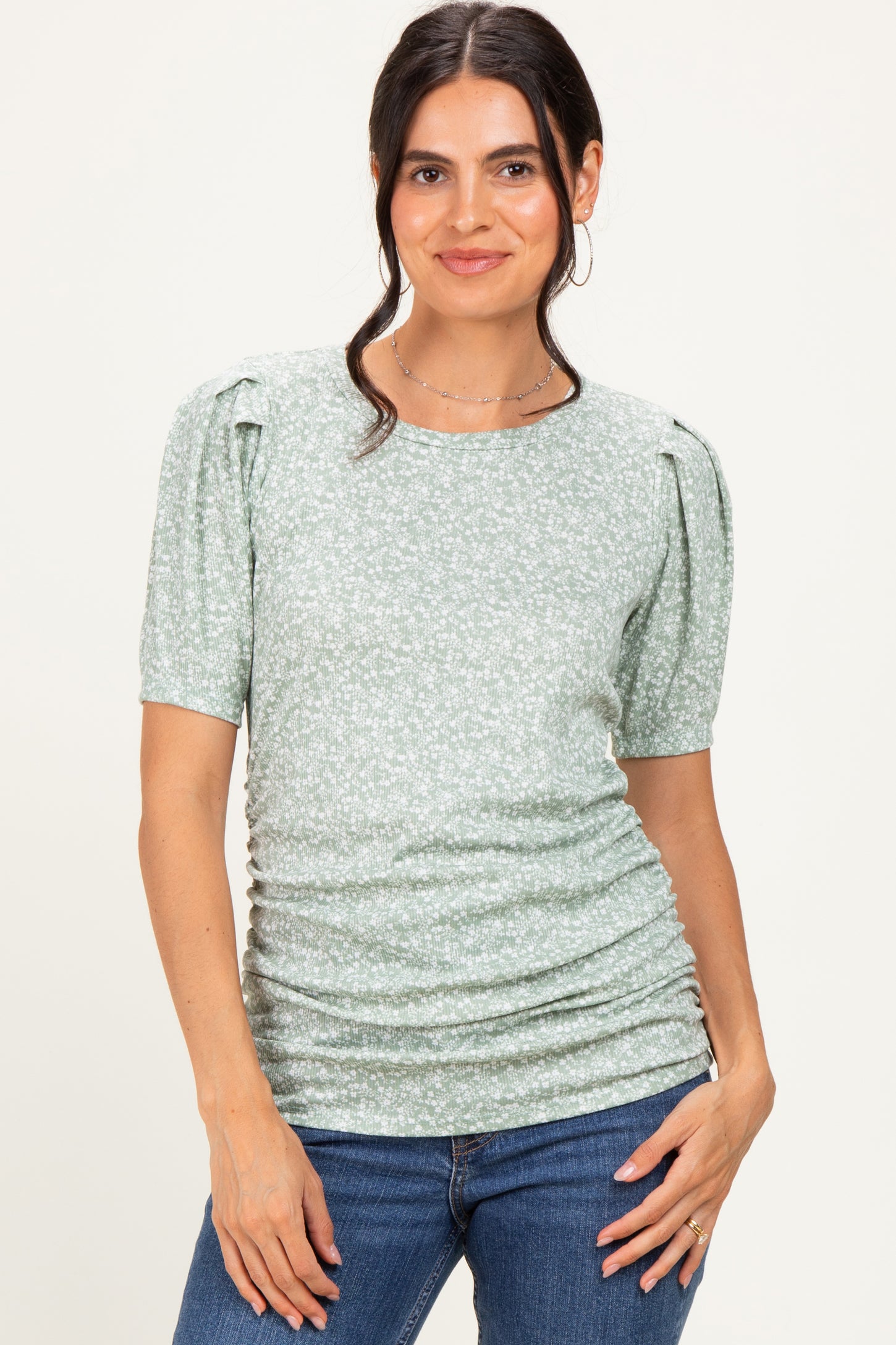 Sage Floral Short Sleeve Ribbed Maternity Top