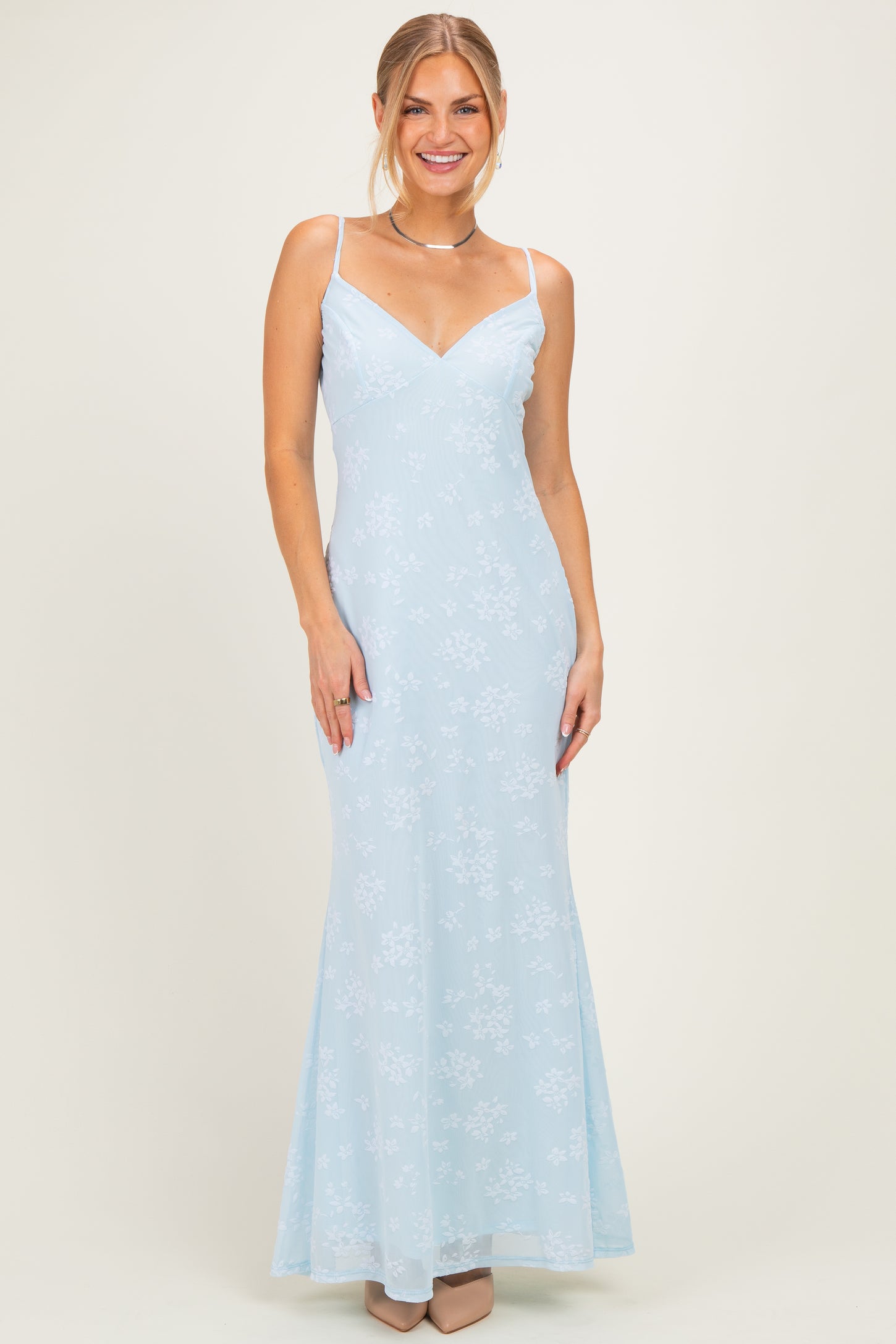 Light Blue Floral Sleeveless V-Neck Maternity Maxi Dress