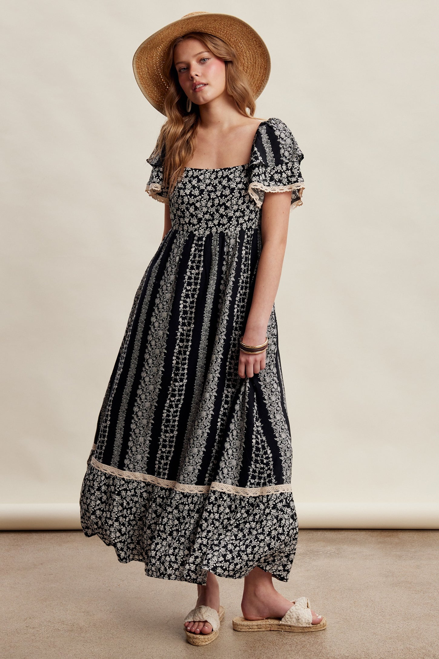 Black Floral Border Print Flutter Sleeve Maxi Dress
