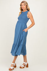 Denim Smocked And Tiered Maternity Maxi Dress