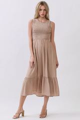 Beige Smocked And Tiered Maxi Dress