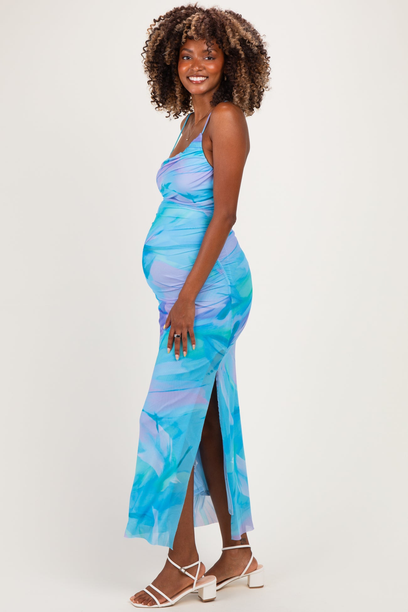 Blue  Multi One Shoulder Ruched Maternity Dress