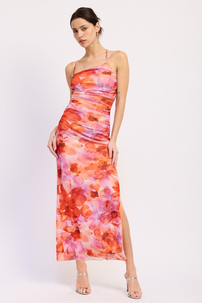 Multi Floral One Shoulder Ruched Dress