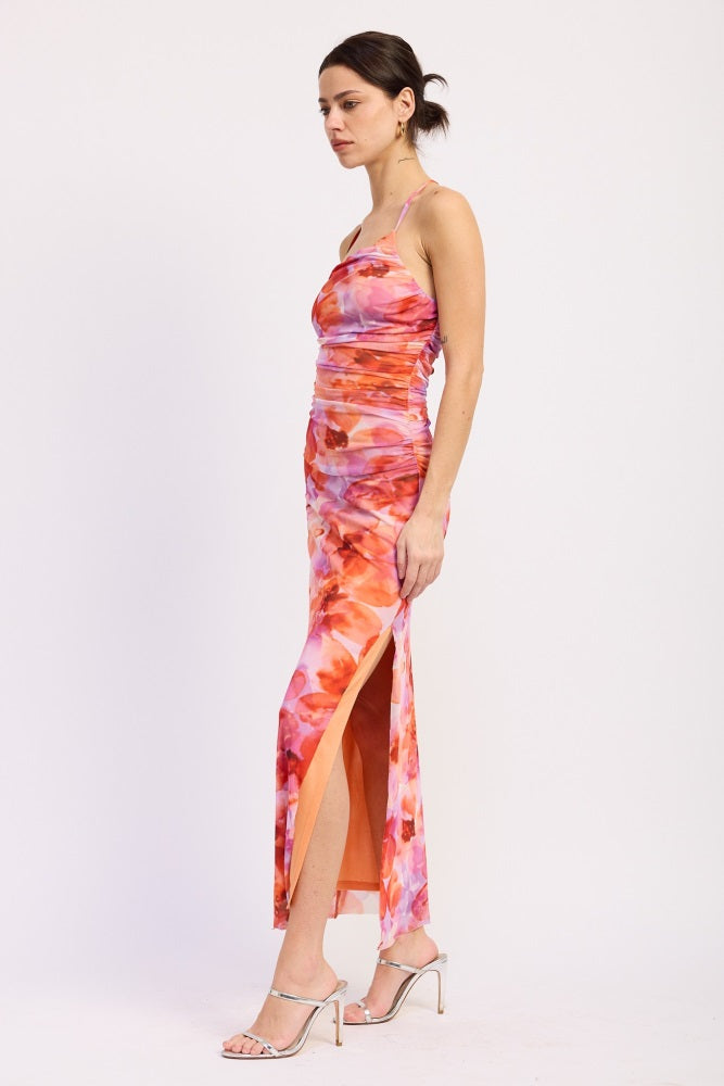 Multi Floral One Shoulder Ruched Dress