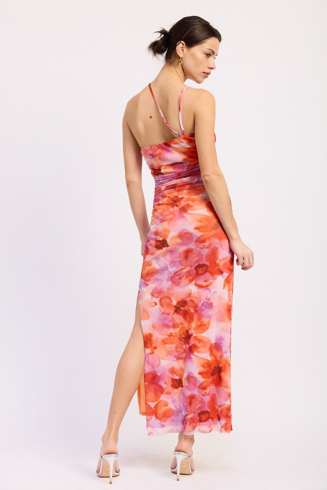 Multi Floral One Shoulder Ruched Dress