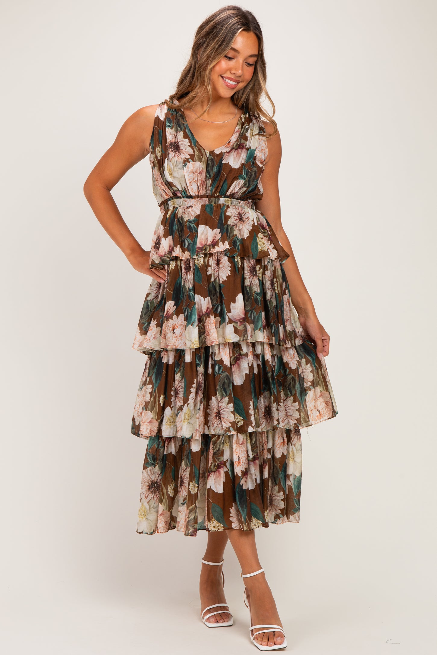 Brown Floral Sleeveless Flounce Tiered Maternity Maxi Dress