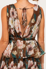 Brown Floral Sleeveless Flounce Tiered Maxi Dress