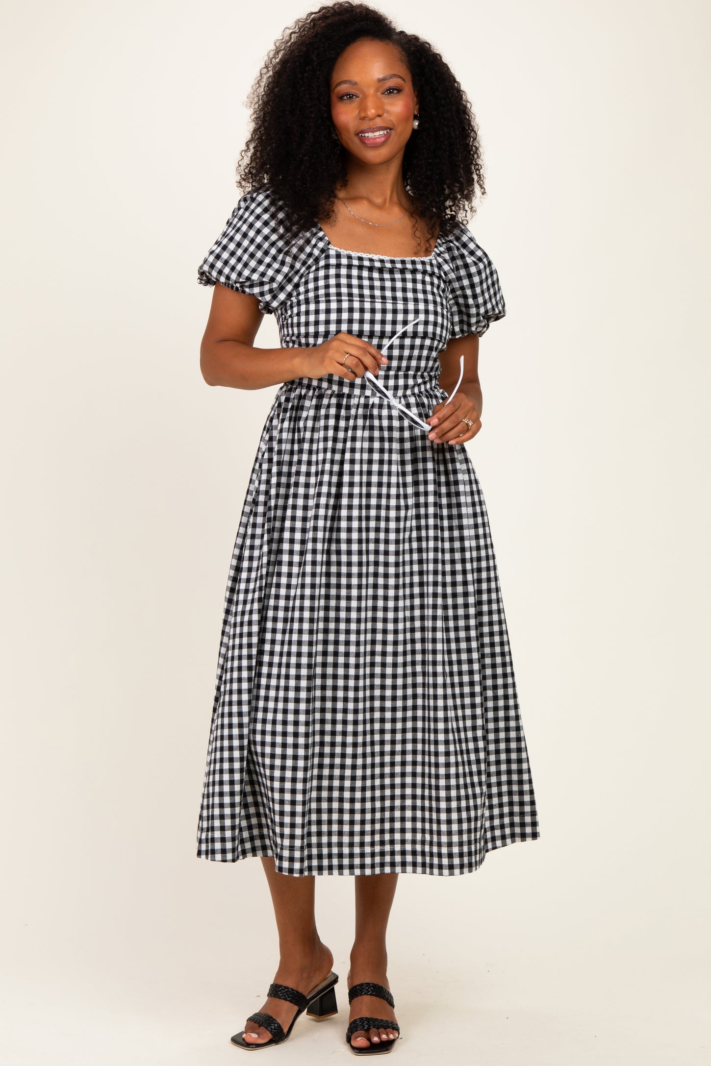 Black Gingham Lace Trim Puff Sleeve Midi Dress