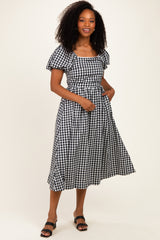 Black Gingham Lace Trim Puff Sleeve Midi Dress