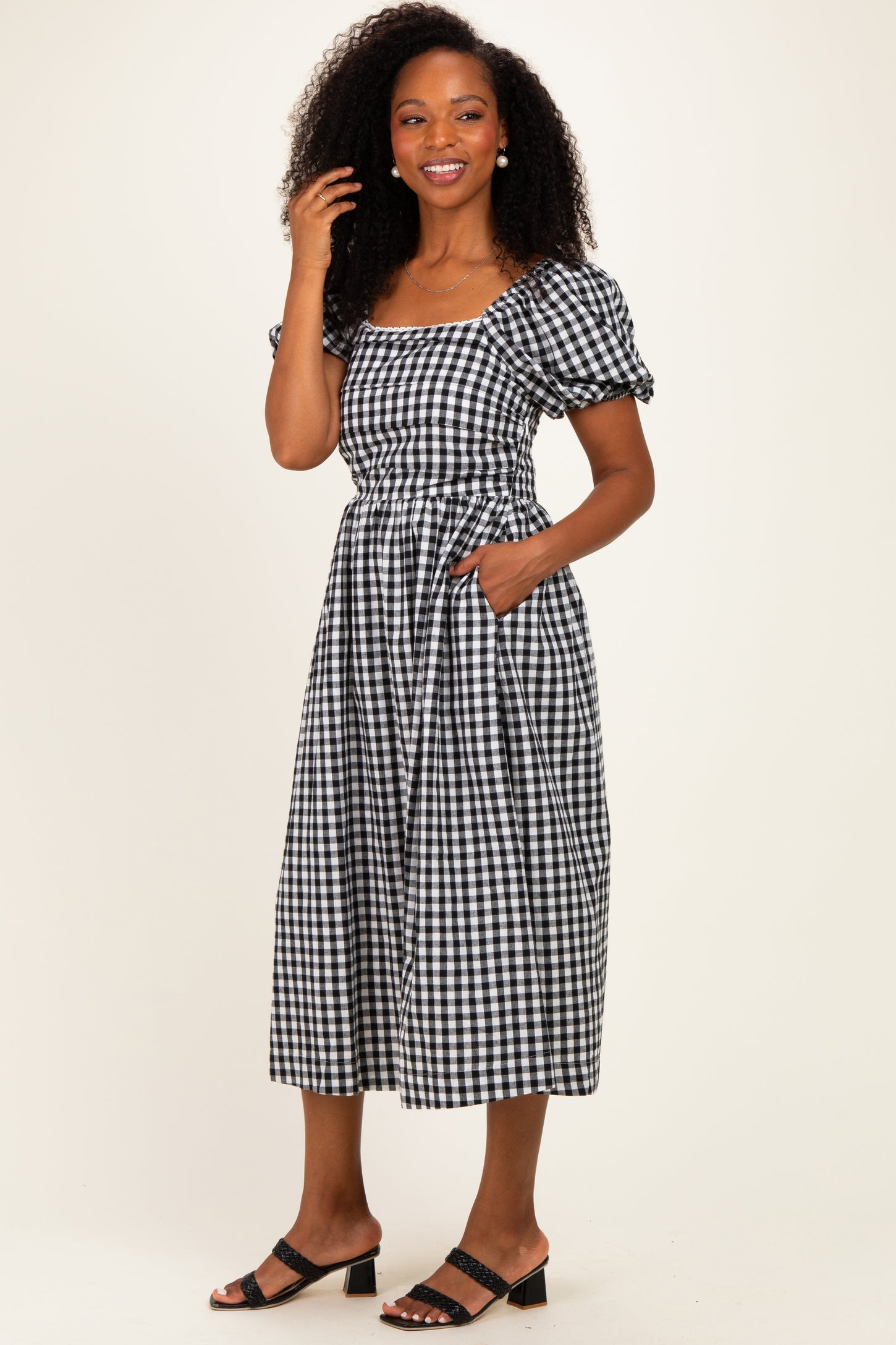 Black Gingham Lace Trim Puff Sleeve Midi Dress