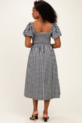 Black Gingham Lace Trim Puff Sleeve Midi Dress