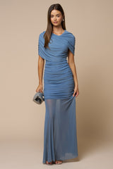 Blue Draped Bodice Ruched Mesh Maternity Maxi Dress