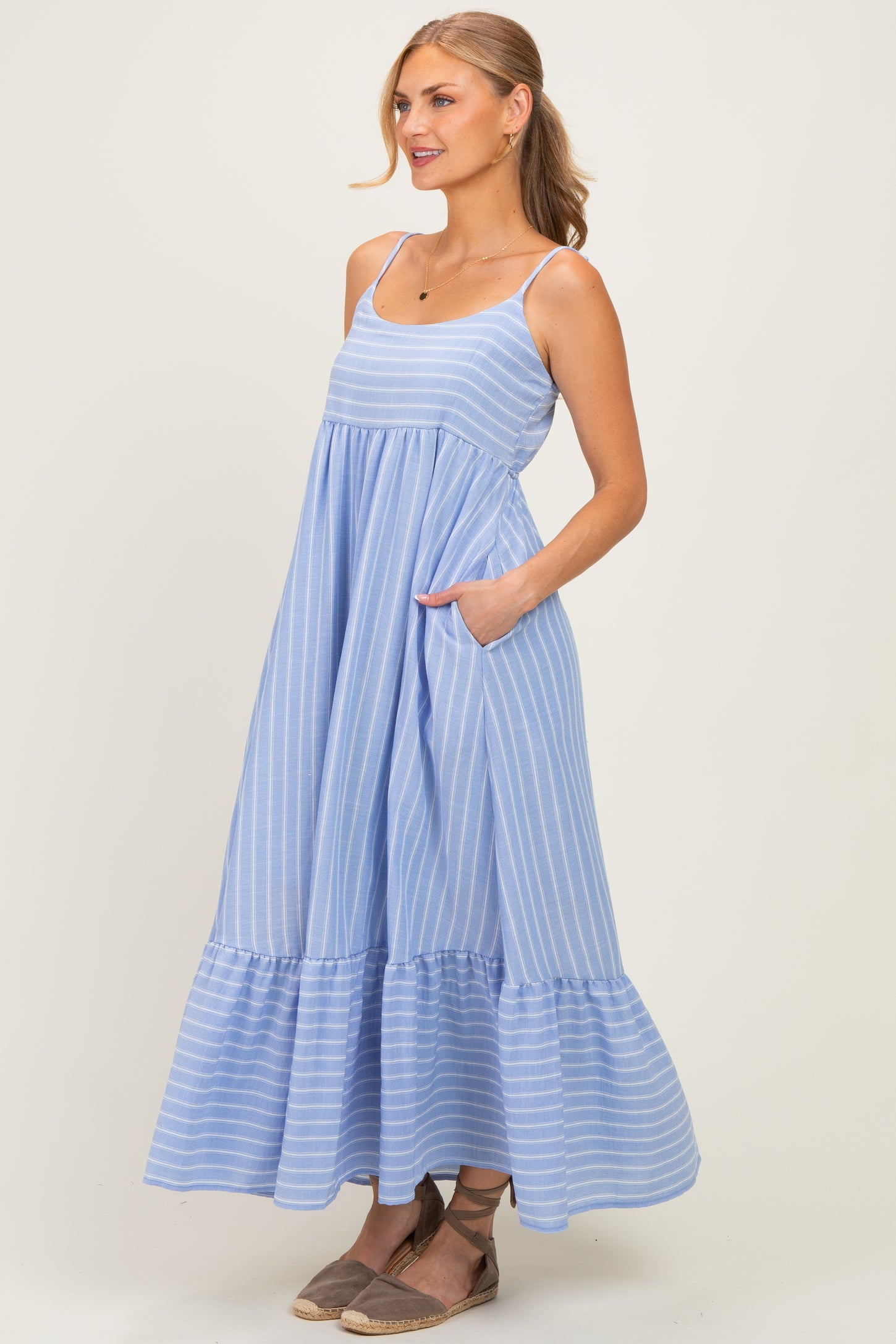 Blue/ Off White Striped Sleeveless Ruffle Hem Maxi Dress