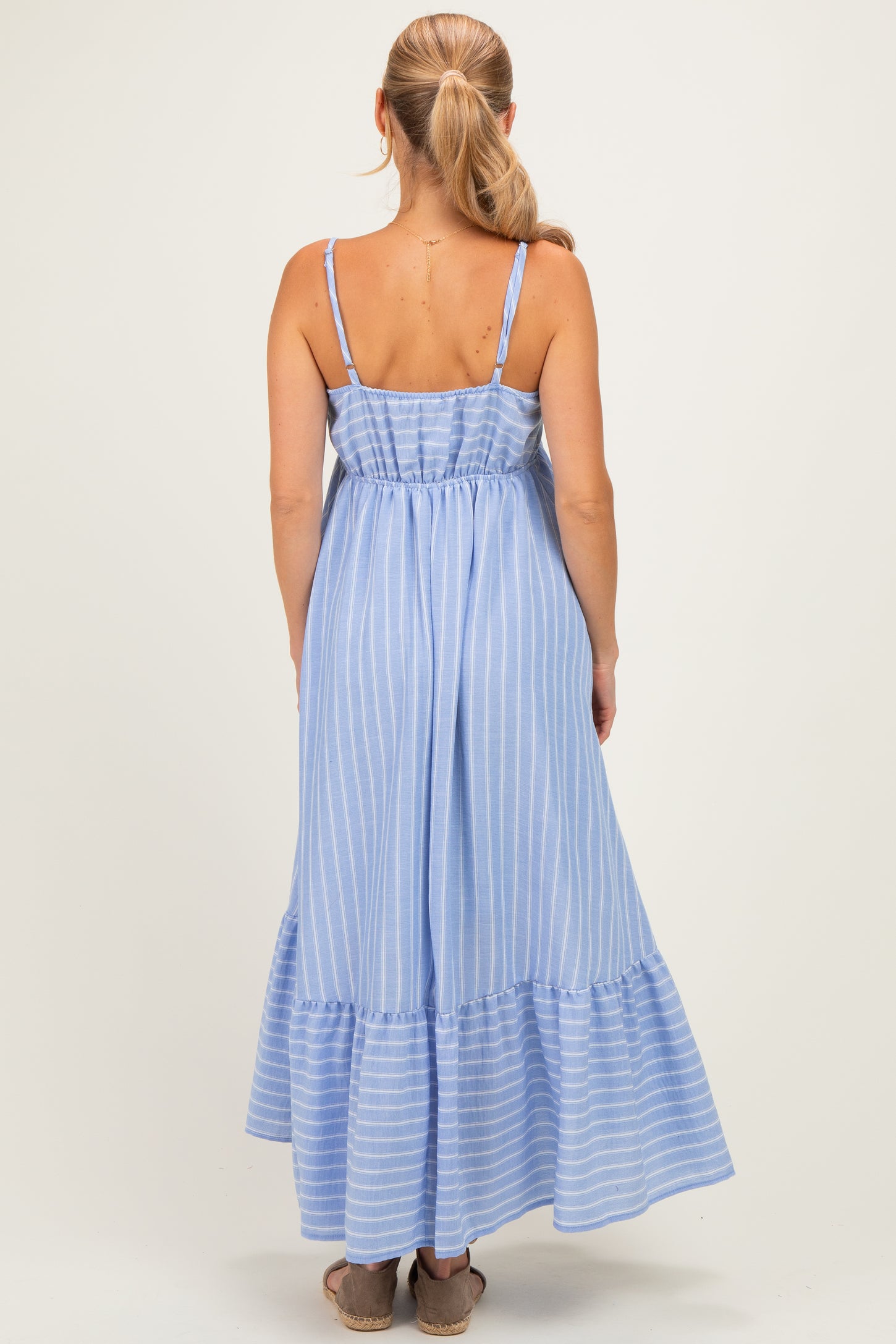 Blue/ Off White Striped Sleeveless Ruffle Hem Maxi Dress