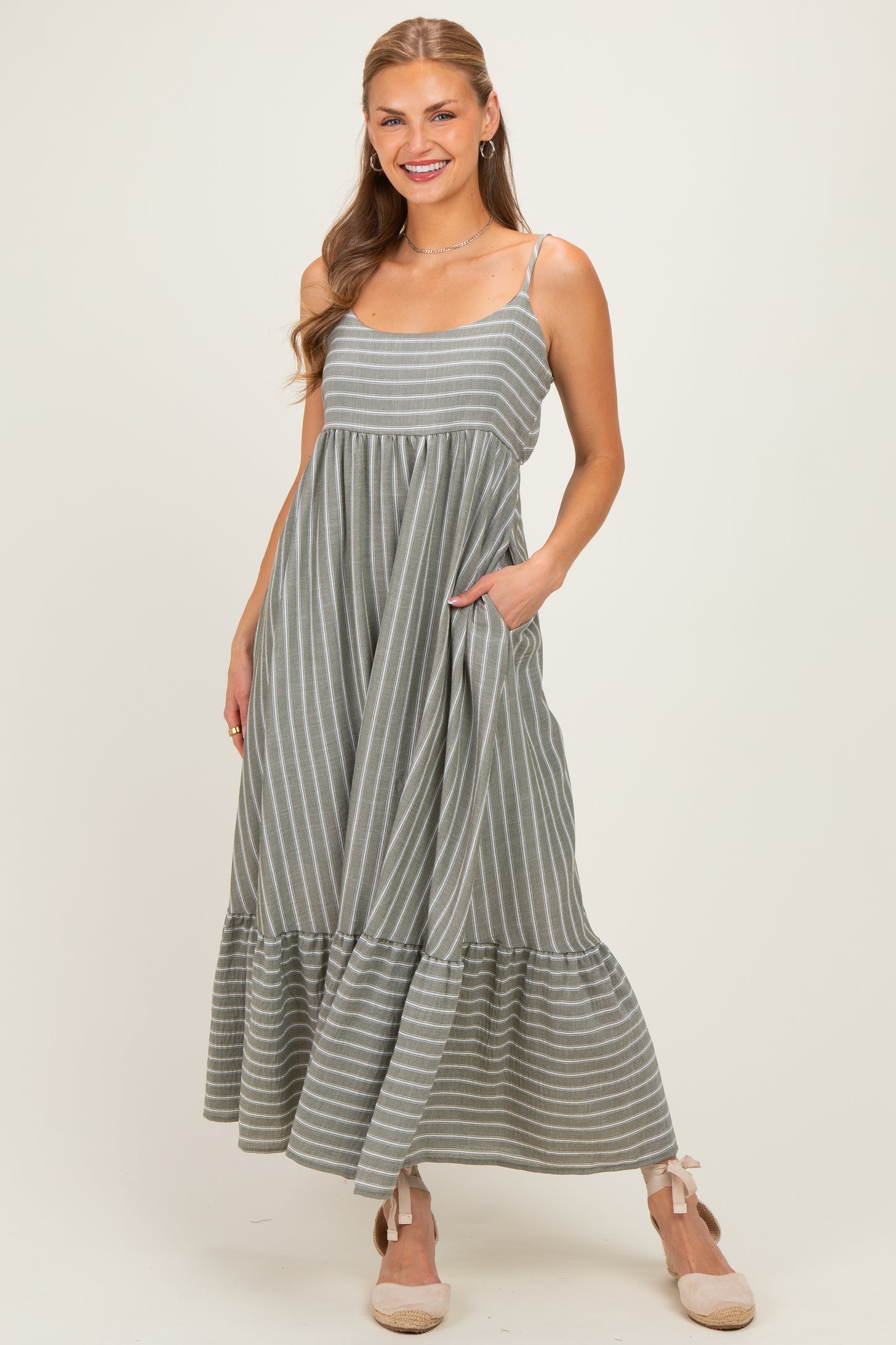 Olive/ Off White Striped Sleeveless Ruffle Hem Maxi Dress