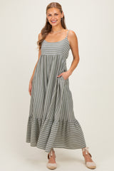 Olive/ Off White Striped Sleeveless Ruffle Hem Maxi Dress