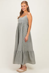 Olive/ Off White Striped Sleeveless Ruffle Hem Maxi Dress