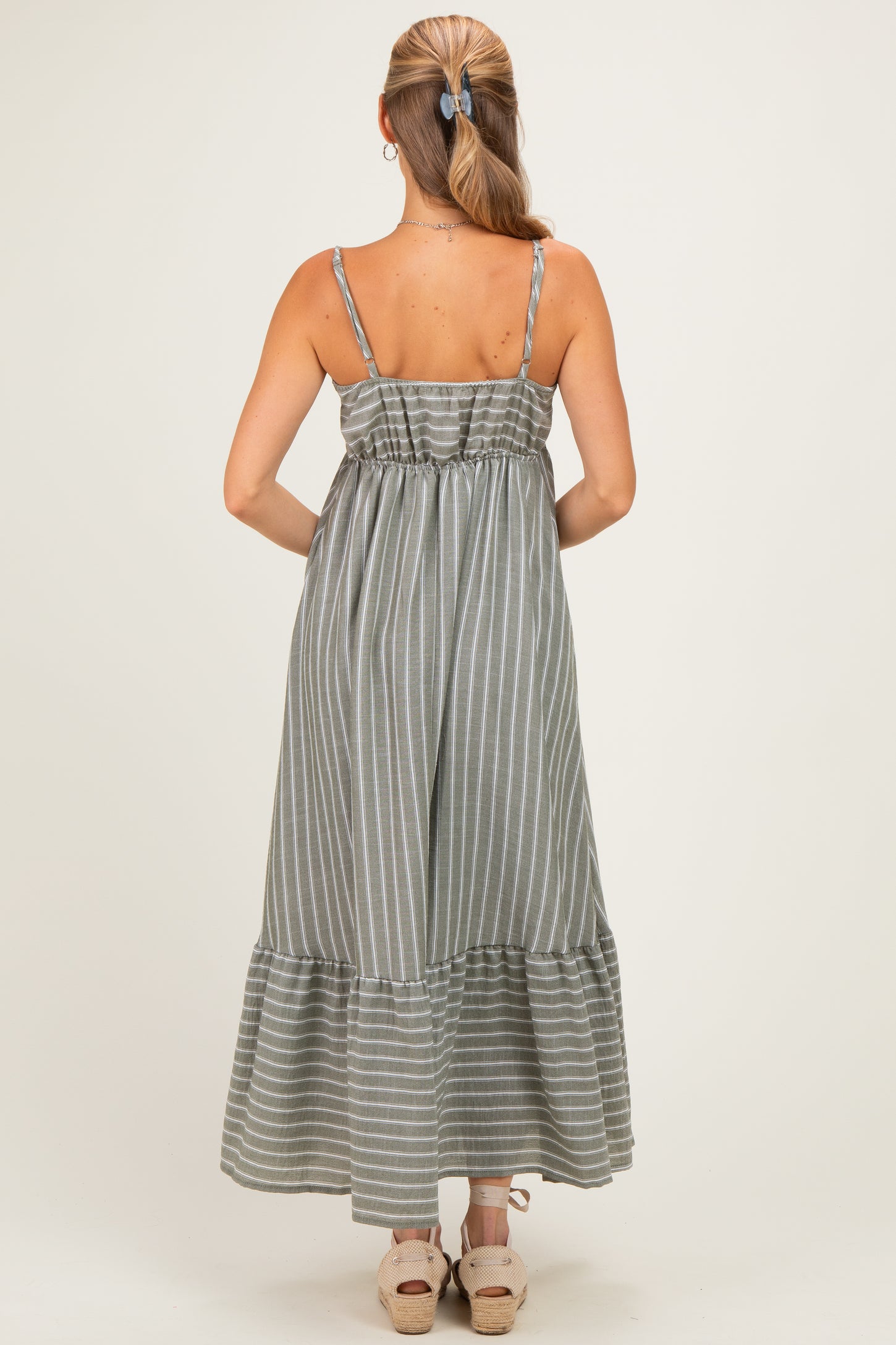 Olive/ Off White Striped Sleeveless Ruffle Hem Maxi Dress