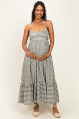 Olive/ Off White Striped Sleeveless Ruffle Hem Maternity Maxi Dress