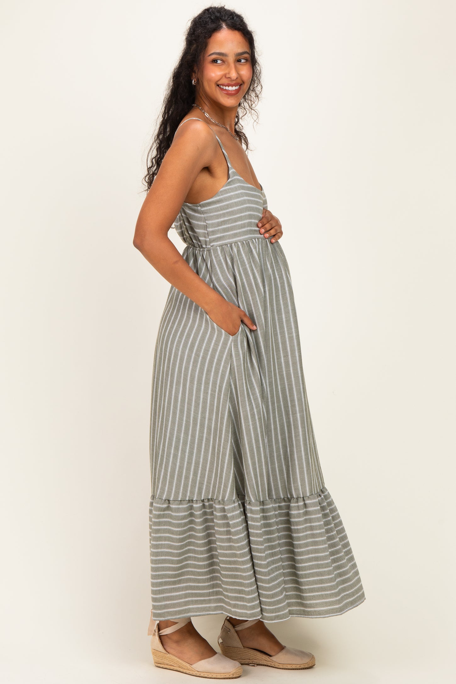 Olive/ Off White Striped Sleeveless Ruffle Hem Maternity Maxi Dress