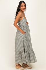 Olive/ Off White Striped Sleeveless Ruffle Hem Maternity Maxi Dress
