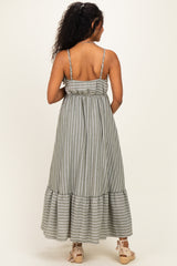 Olive/ Off White Striped Sleeveless Ruffle Hem Maternity Maxi Dress
