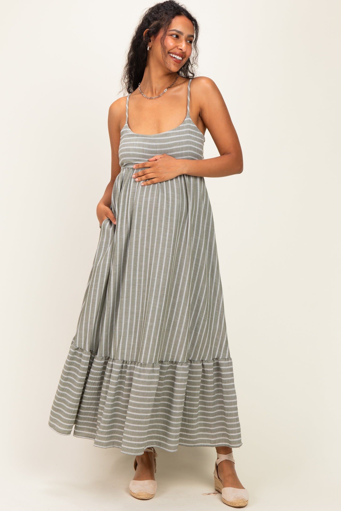Olive/ Off White Striped Sleeveless Ruffle Hem Maternity Maxi Dress