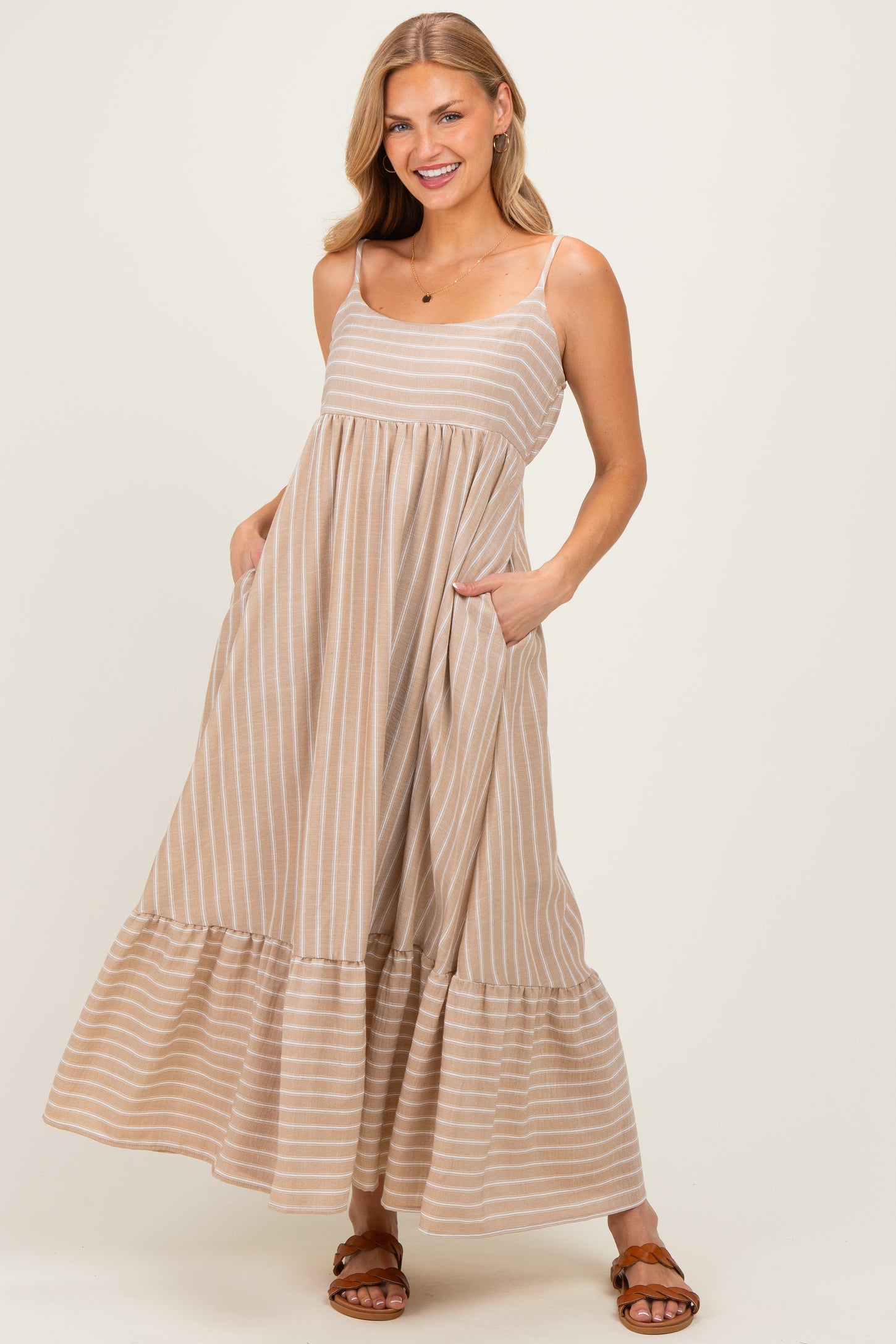 Taupe/ Off White Striped Sleeveless Ruffle Hem Maxi Dress