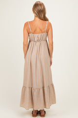 Taupe/ Off White Striped Sleeveless Ruffle Hem Maxi Dress
