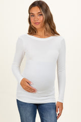 White Ribbed Scoop Neck Long Sleeve Maternity Top