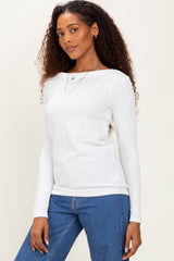 White Ribbed Scoop Neck Long Sleeve Top