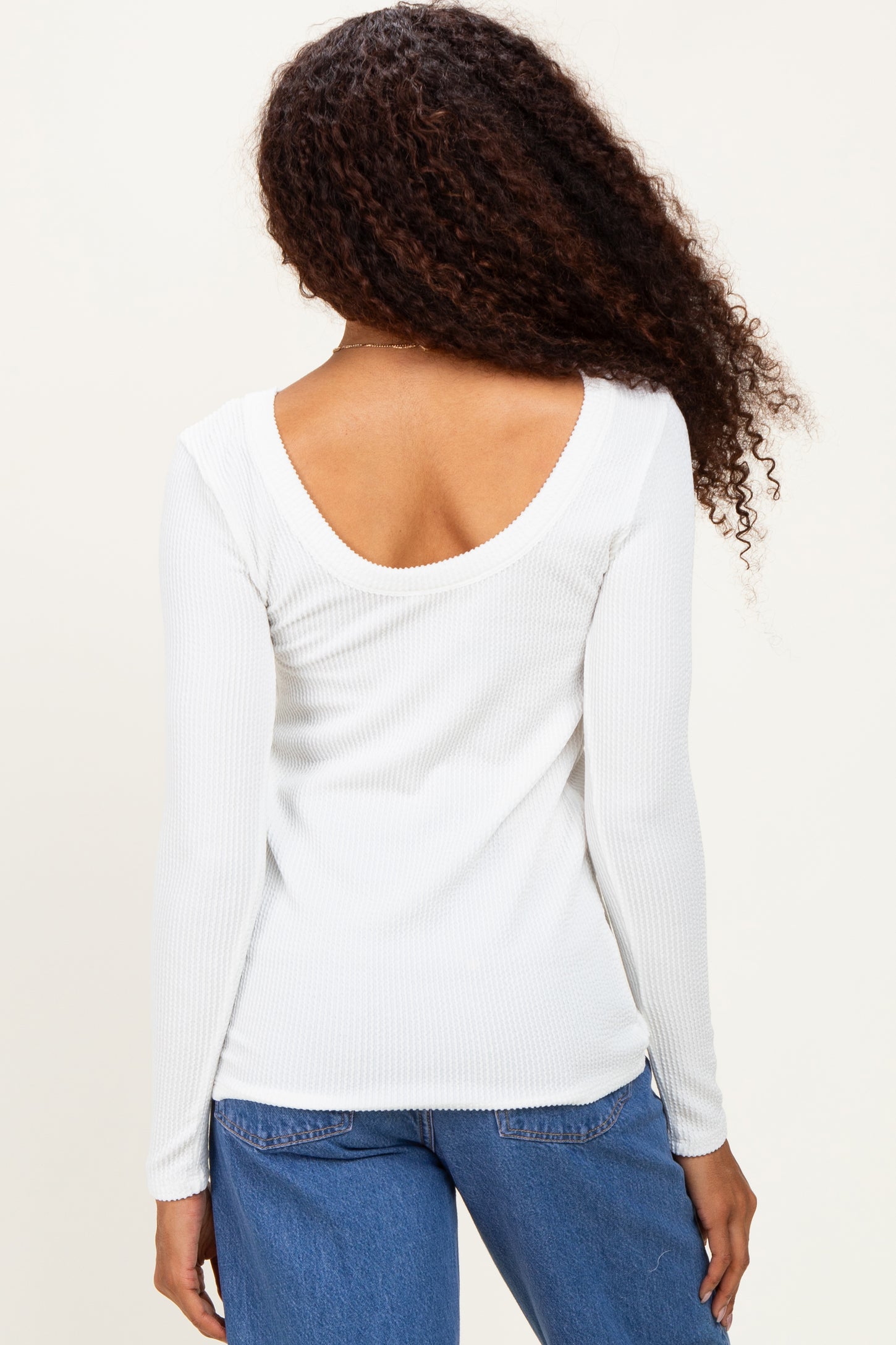 White Ribbed Scoop Neck Long Sleeve Top