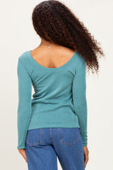 Forest Green Ribbed Scoop Neck Long Sleeve Top