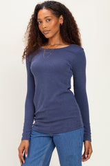 Navy Ribbed Scoop Neck Long Sleeve Top