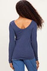 Navy Ribbed Scoop Neck Long Sleeve Top