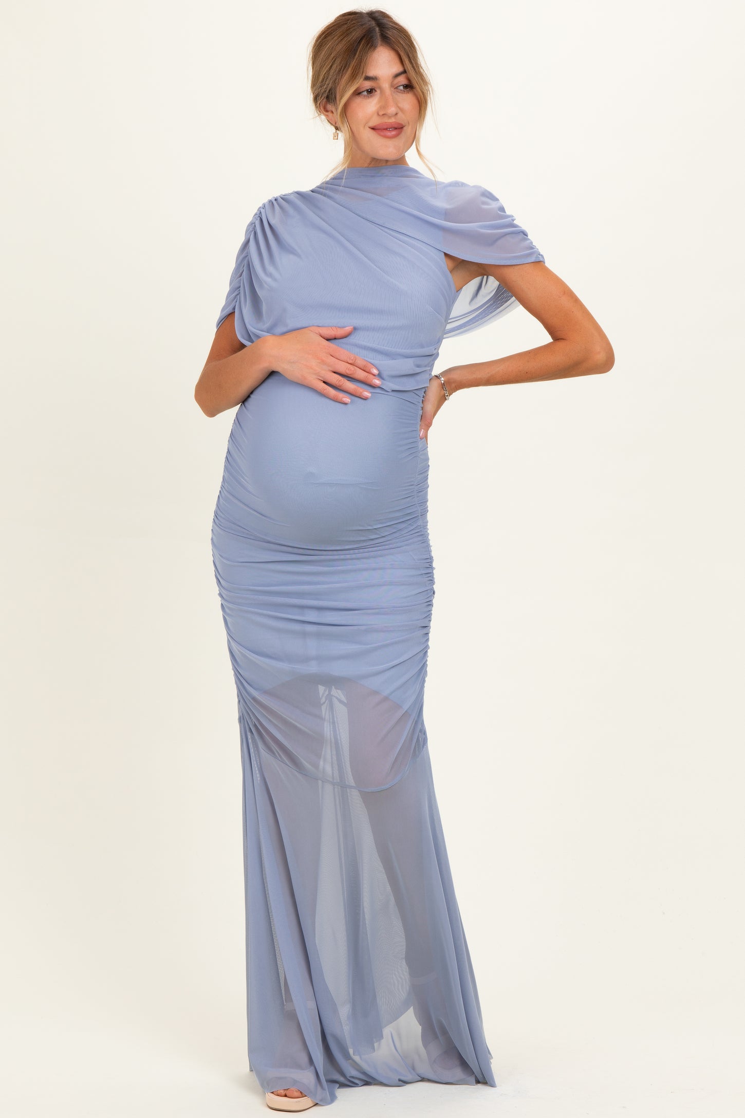 Blue Draped Bodice Ruched Mesh Maternity Maxi Dress