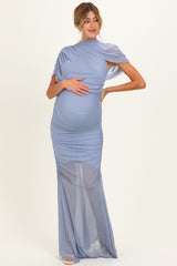 Blue Draped Bodice Ruched Mesh Maternity Maxi Dress