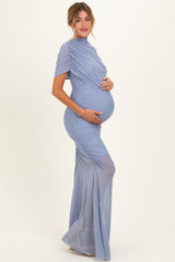 Blue Draped Bodice Ruched Mesh Maternity Maxi Dress