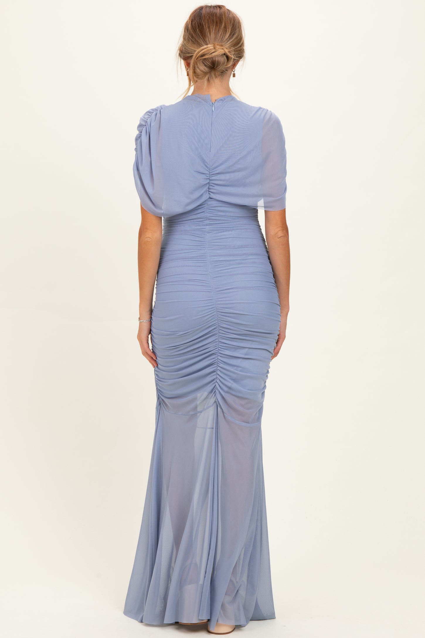 Blue Draped Bodice Ruched Mesh Maternity Maxi Dress