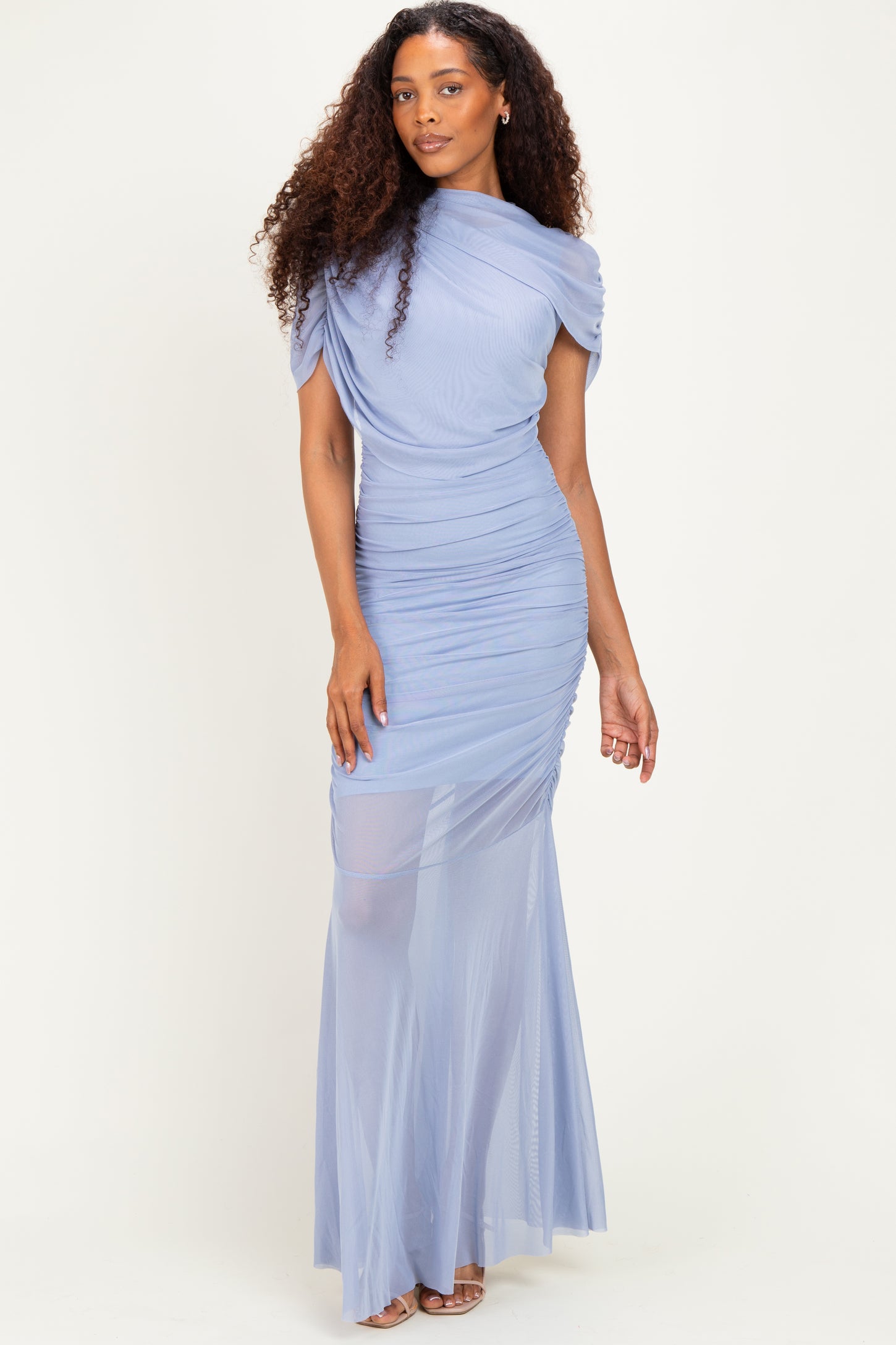 Blue Draped Bodice Ruched Mesh Maternity Maxi Dress
