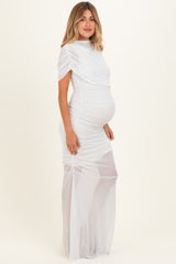 Ivory Draped Bodice Ruched Mesh Maternity Maxi Dress